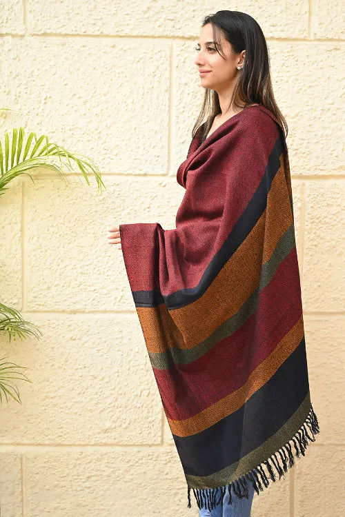 The ICH Exclusive Soft Himachal Wool Shawl With Woven Border - Oak-Red Cascade