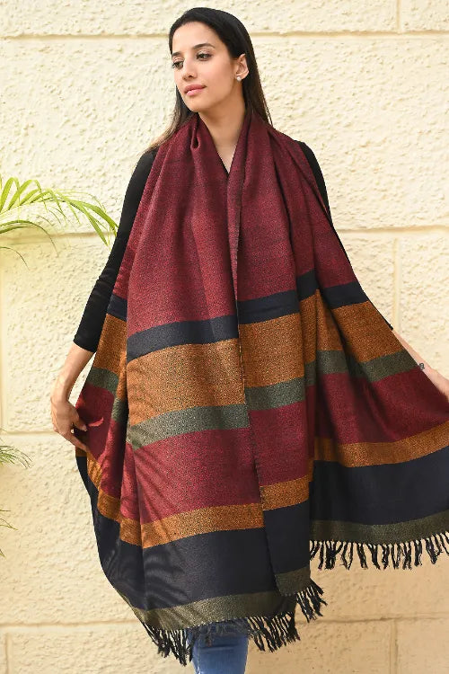The ICH Exclusive Soft Himachal Wool Shawl With Woven Border - Oak-Red Cascade