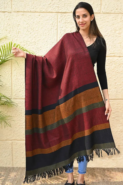 The ICH Exclusive Soft Himachal Wool Shawl With Woven Border - Oak-Red Cascade