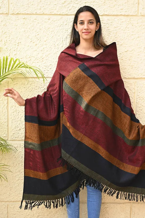 The ICH Exclusive Soft Himachal Wool Shawl With Woven Border - Oak-Red Cascade