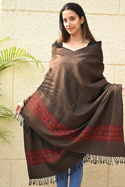 The ICH Exclusive Soft Himachal Wool Shawl With Woven Border - Melted Chocolate