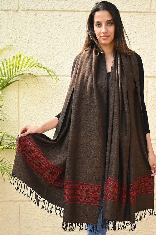 The ICH Exclusive Soft Himachal Wool Shawl With Woven Border - Melted Chocolate