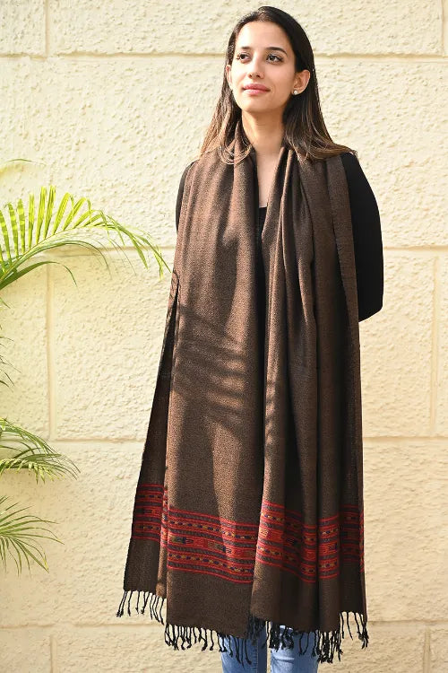 The ICH Exclusive Soft Himachal Wool Shawl With Woven Border - Melted Chocolate