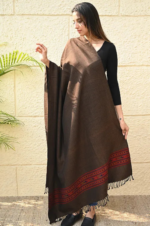 The ICH Exclusive Soft Himachal Wool Shawl With Woven Border - Melted Chocolate