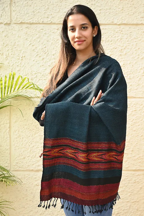 The ICH Exclusive Soft Himachal Wool Shawl With Woven Border - Tealwood Ember