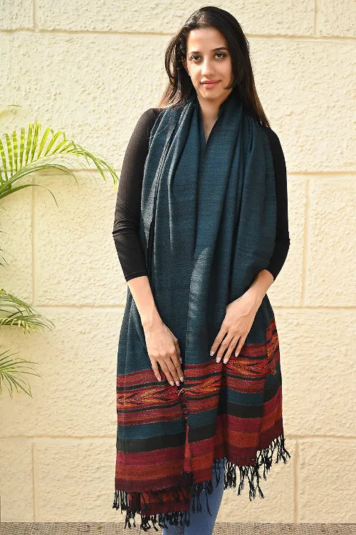 The ICH Exclusive Soft Himachal Wool Shawl With Woven Border - Tealwood Ember