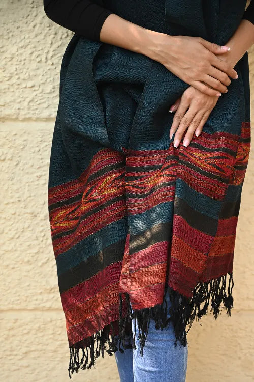The ICH Exclusive Soft Himachal Wool Shawl With Woven Border - Tealwood Ember