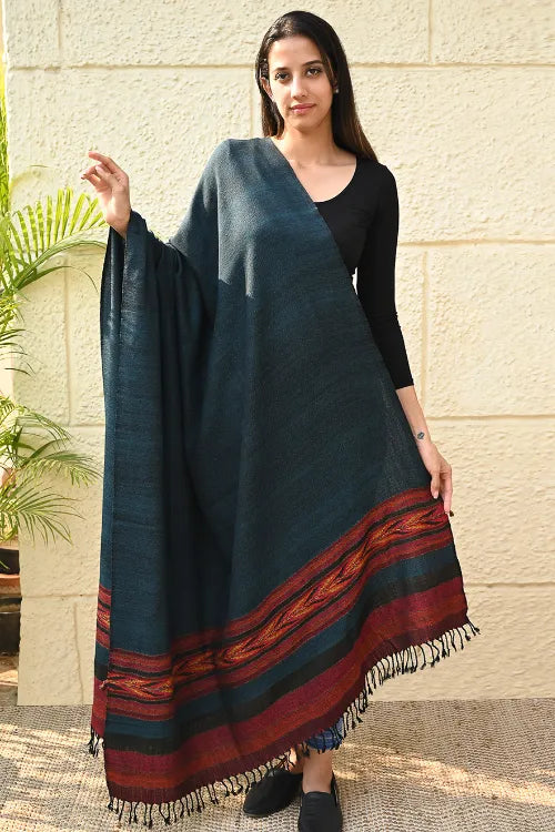 The ICH Exclusive Soft Himachal Wool Shawl With Woven Border - Tealwood Ember