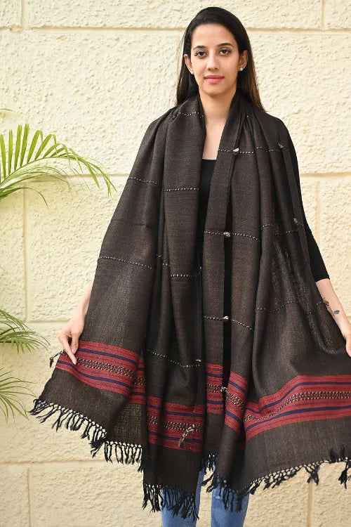 The ICH Exclusive Soft Himachal Wool Shawl With Woven Border - Starry Nights