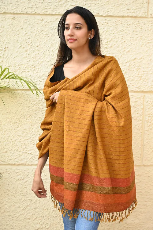 The ICH Exclusive Soft Himachal Wool Shawl With Woven Border - Saffron Spice