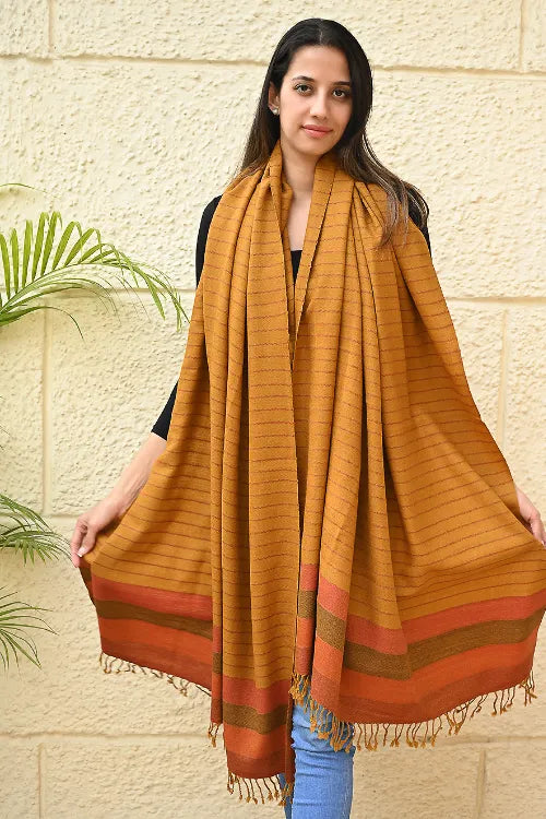 The ICH Exclusive Soft Himachal Wool Shawl With Woven Border - Saffron Spice