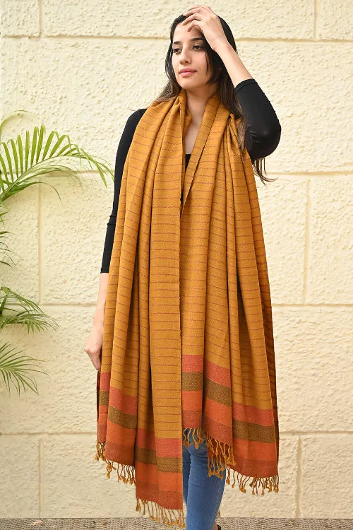 The ICH Exclusive Soft Himachal Wool Shawl With Woven Border - Saffron Spice