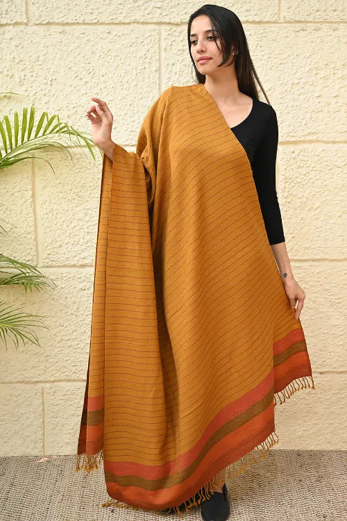 The ICH Exclusive Soft Himachal Wool Shawl With Woven Border - Saffron Spice