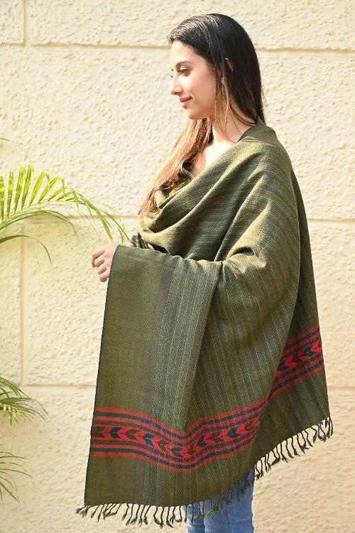 The ICH Exclusive Soft Himachal Wool Shawl With Woven Border - Henna Trail