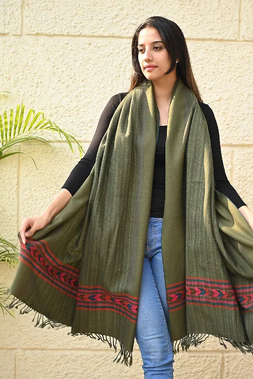 The ICH Exclusive Soft Himachal Wool Shawl With Woven Border - Henna Trail
