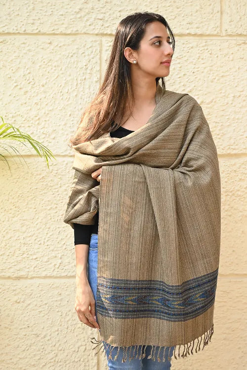 The ICH Exclusive Soft Himachal Wool Shawl With Woven Border - Wheatfield
