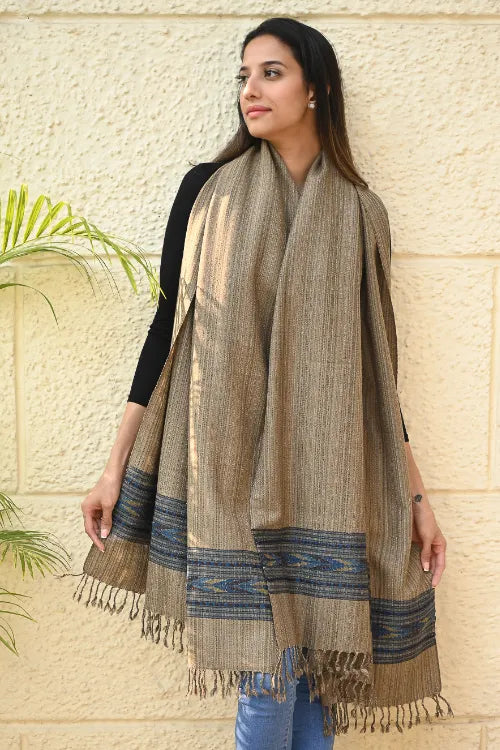The ICH Exclusive Soft Himachal Wool Shawl With Woven Border - Wheatfield