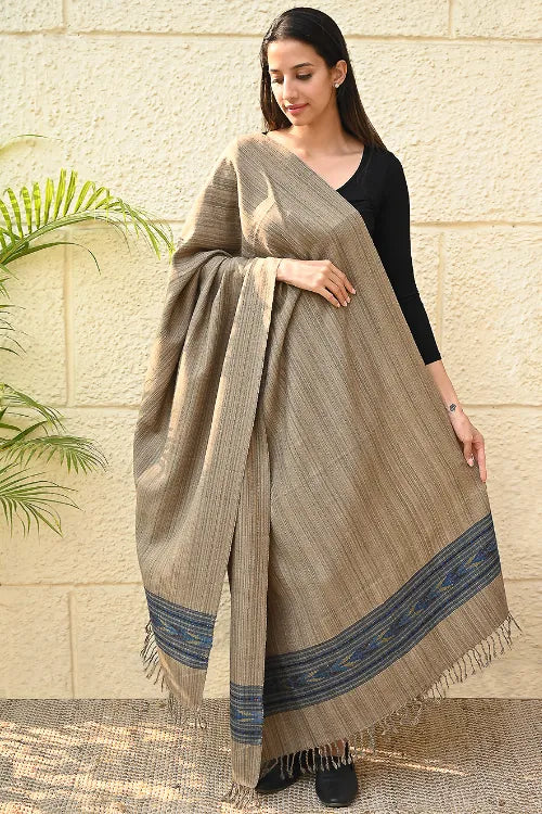 The ICH Exclusive Soft Himachal Wool Shawl With Woven Border - Wheatfield