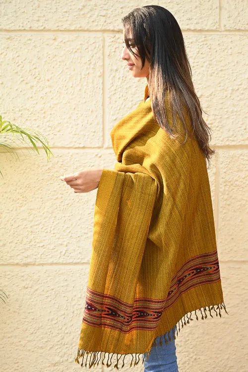 The ICH Exclusive Soft Himachal Wool Shawl With Woven Border - Deep Ochre