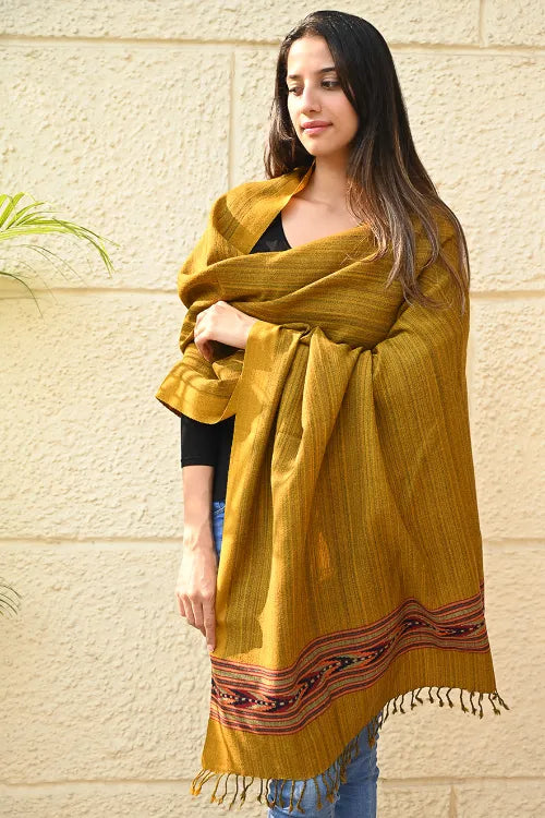 The ICH Exclusive Soft Himachal Wool Shawl With Woven Border - Deep Ochre