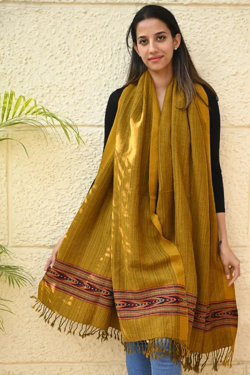 The ICH Exclusive Soft Himachal Wool Shawl With Woven Border - Deep Ochre