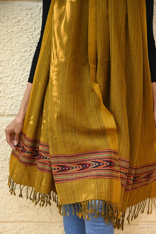The ICH Exclusive Soft Himachal Wool Shawl With Woven Border - Deep Ochre