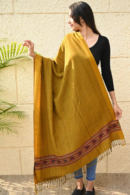 The ICH Exclusive Soft Himachal Wool Shawl With Woven Border - Deep Ochre