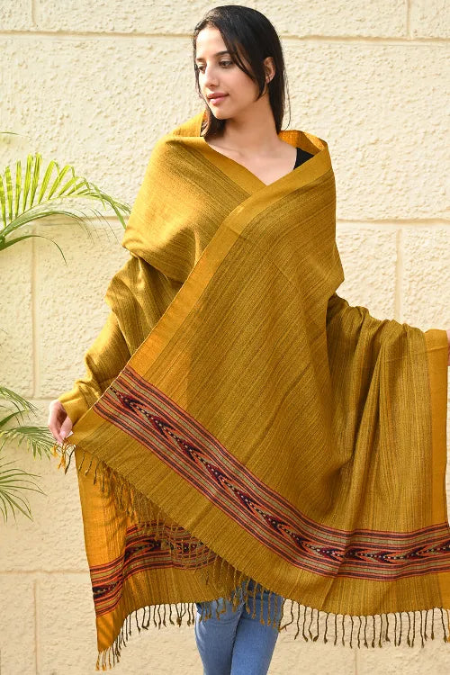 The ICH Exclusive Soft Himachal Wool Shawl With Woven Border - Deep Ochre