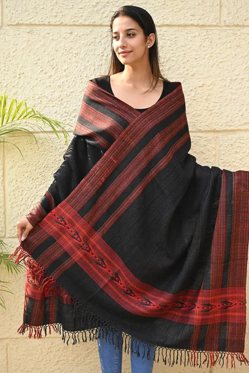 The ICH Exclusive Soft Himachal Wool Shawl With Woven Border - Graphite Glen