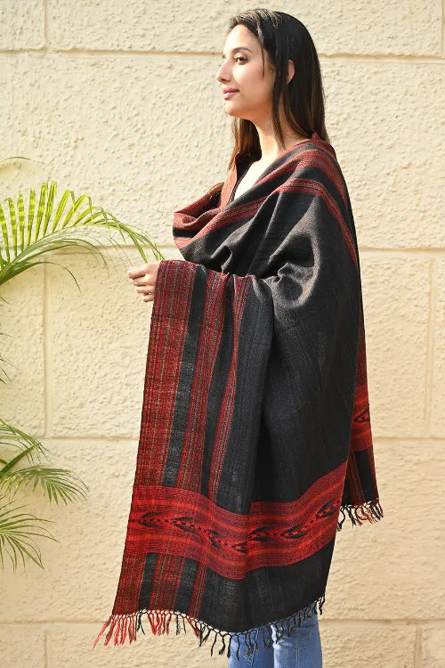 The ICH Exclusive Soft Himachal Wool Shawl With Woven Border - Graphite Glen