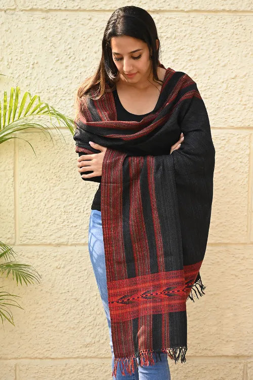 The ICH Exclusive Soft Himachal Wool Shawl With Woven Border - Graphite Glen
