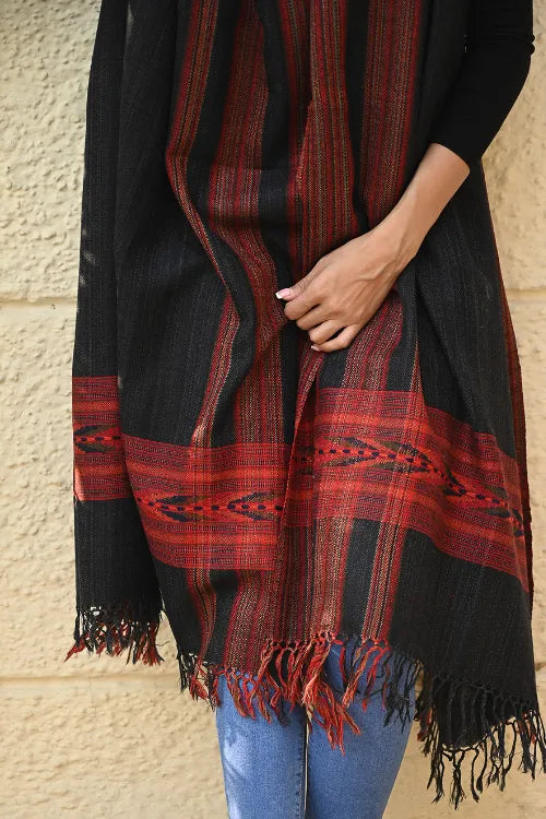 The ICH Exclusive Soft Himachal Wool Shawl With Woven Border - Graphite Glen