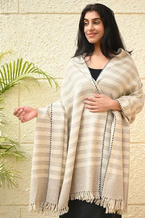 The ICH Exclusive Soft Himachal Wool Shawl With Woven Border - Vanilla Stripes