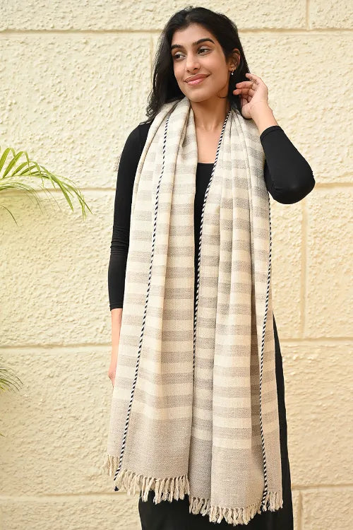 The ICH Exclusive Soft Himachal Wool Shawl With Woven Border - Vanilla Stripes
