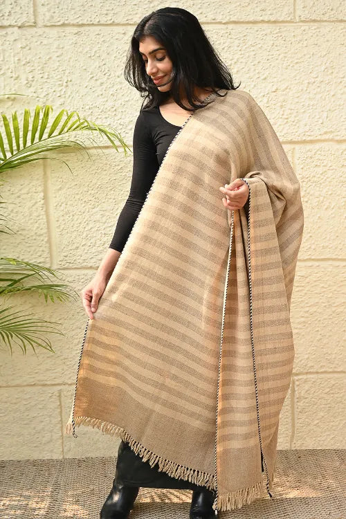 The ICH Exclusive Soft Himachal Wool Shawl With Woven Border - Baked Cream