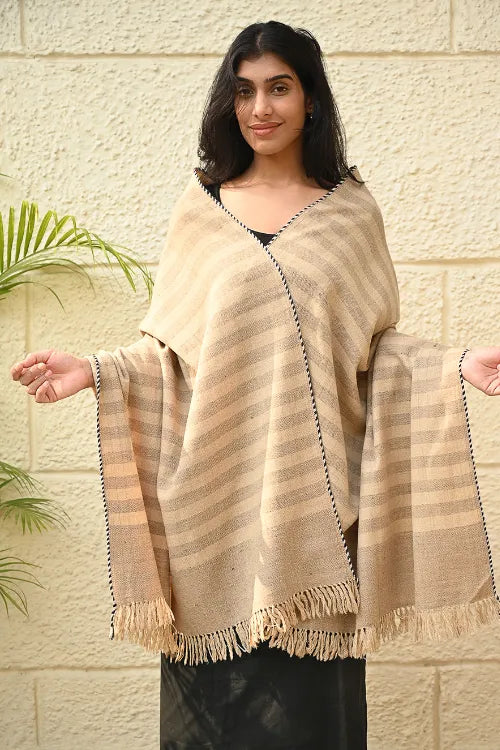 The ICH Exclusive Soft Himachal Wool Shawl With Woven Border - Baked Cream