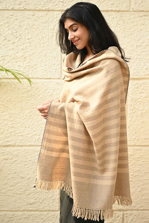 The ICH Exclusive Soft Himachal Wool Shawl With Woven Border - Baked Cream