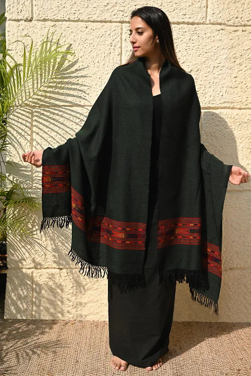 The ICH Exclusive Soft Himachal Wool Shawl With Woven Border - Midnight Emerald