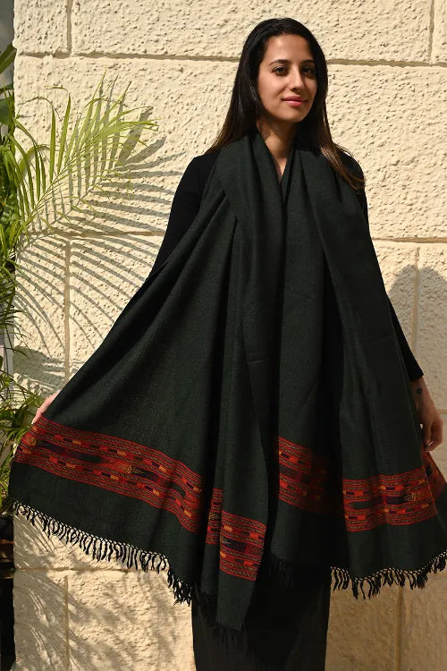 The ICH Exclusive Soft Himachal Wool Shawl With Woven Border - Midnight Emerald