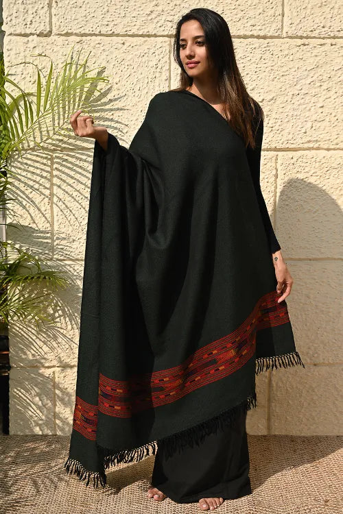 The ICH Exclusive Soft Himachal Wool Shawl With Woven Border - Midnight Emerald