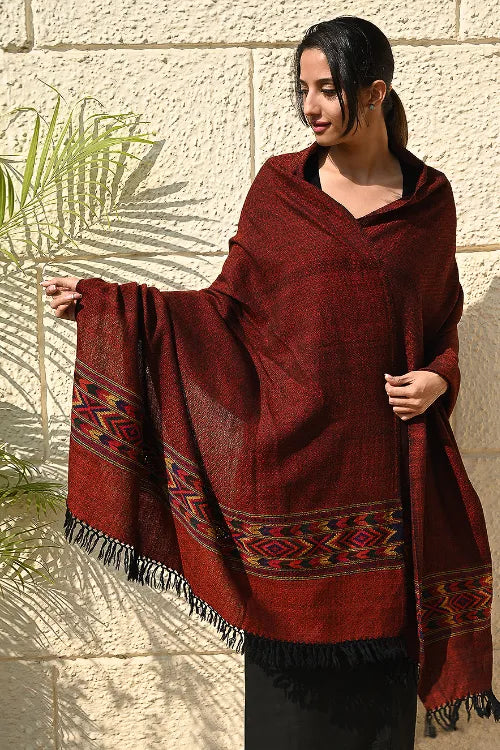 The ICH Exclusive Soft Himachal Wool Shawl With Woven Border - Spicy Wine