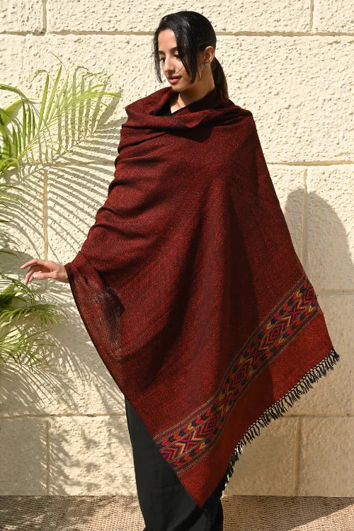 The ICH Exclusive Soft Himachal Wool Shawl With Woven Border - Spicy Wine