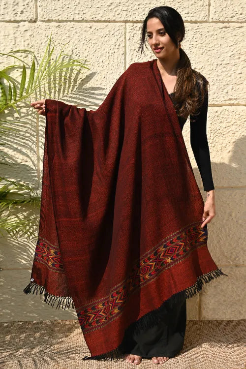 The ICH Exclusive Soft Himachal Wool Shawl With Woven Border - Spicy Wine