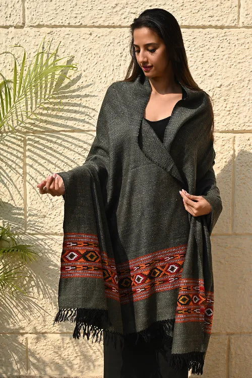 The ICH Exclusive Soft Himachal Wool Shawl With Woven Border - Slate Gray