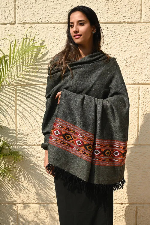 The ICH Exclusive Soft Himachal Wool Shawl With Woven Border - Slate Gray