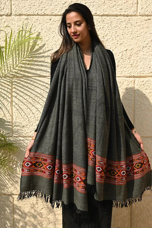 The ICH Exclusive Soft Himachal Wool Shawl With Woven Border - Slate Gray