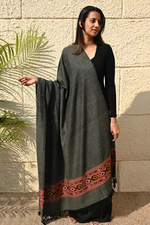 The ICH Exclusive Soft Himachal Wool Shawl With Woven Border - Slate Gray
