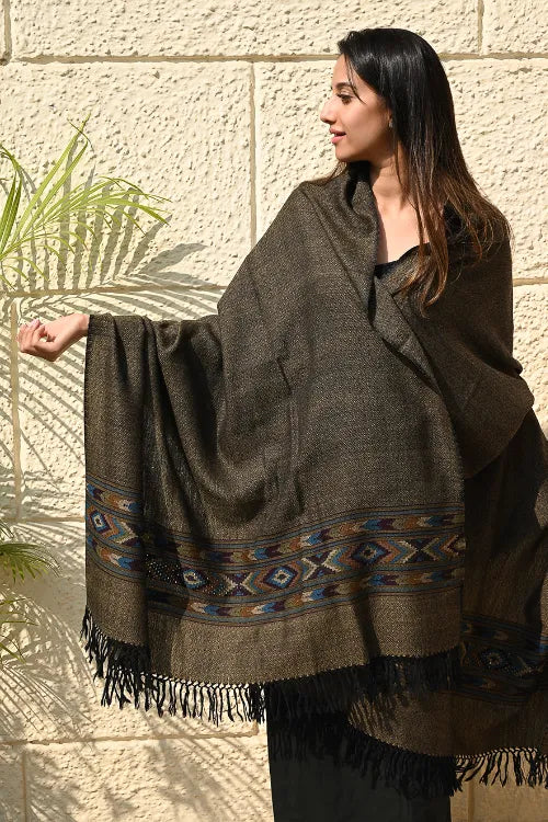 The ICH Exclusive Soft Himachal Wool Shawl With Woven Border - Midnight Pine