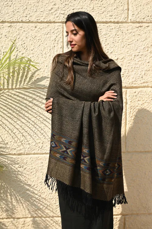 The ICH Exclusive Soft Himachal Wool Shawl With Woven Border - Midnight Pine