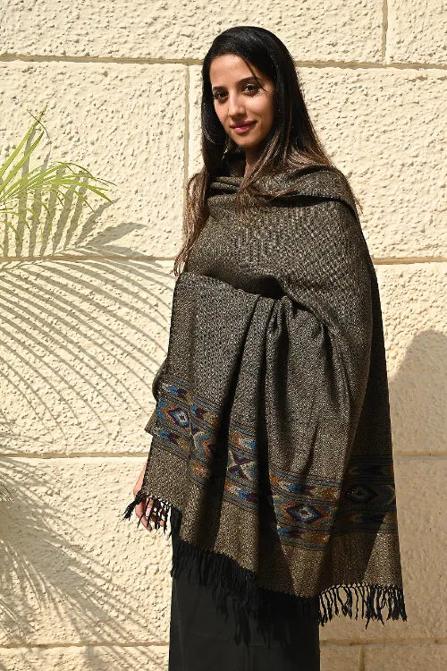 The ICH Exclusive Soft Himachal Wool Shawl With Woven Border - Midnight Pine